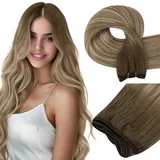 Easyouth Extensions Echthaar Tressen Balayage Blond Echthaar Tressen 35 cm Mittelbraun Mix Platin Blond und Mittelbraun Tressen Echhtaar Remy Glatt 70g #6/60/6