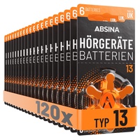 ABSINA Hörgerätebatterien 13 120 Stück mit gut greifbarer Schutzfolie - Hörgeräte Batterien 13 Zink Luft mit 1,45V - Typ 13 Batterien Hörgeräte Orange - PR48 ZL2 P13 Hörgerätebatterien