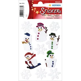 Herma 3733 Aufkleber Schnemann Glitzer klein groß, 11 Stück, Weihnachten Sticker mit Schneeflocken Motiv, Kinder Etiketten für Weihnachtsdeko Geschenke Adventskalender Winter Dekoration Briefe Basteln
