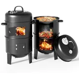 Warmiehomy Räucherofen 3 in 1, Räuchertonne Smoker Grill Holzkohlegrill mit Deckel, Eingebautem Thermometer und Verstellbaren Lüftungsschlitzen, Grilltonne für Hinterhof, Camping & Kochen, 80x40CM