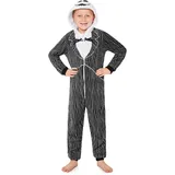 Disney Stitch Onesie Mädchen, Kuschelige Warm Einteiler Schlafanzug Kinder, Baby Yoda Geschenke für Mädchen Weihnachten (Schwarz Jack Skellington, 9-10 Jahre) - 9-10 Jahre