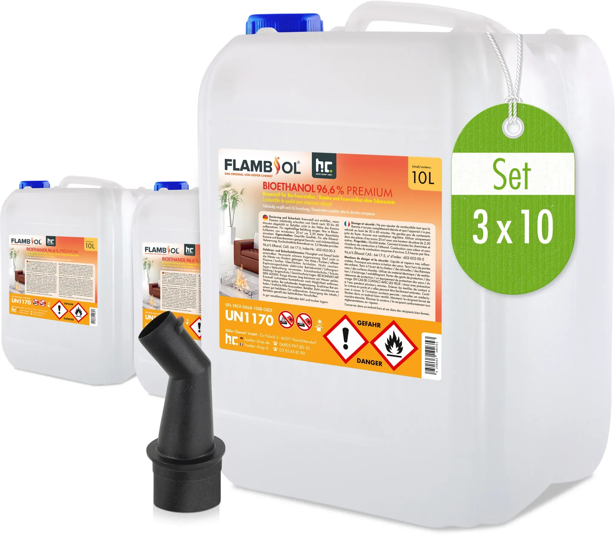 3 x 10 L FLAMBIOL® Bioéthanol 96,6% Premium pour cheminée à éthanol en bidons