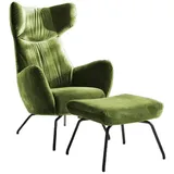 KAWOLA Sessel LOTTE Ohrensessel velvet olivgrün mit Hocker