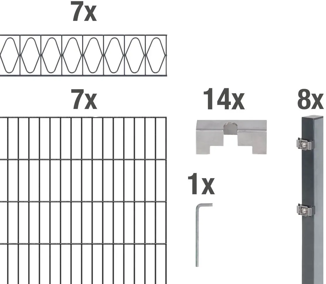 Alberts Komplettset Doppelstabmatte mit Dekorstreifen Eleganz, Anthrazit, Mattenbreite 2 m, Zaunset