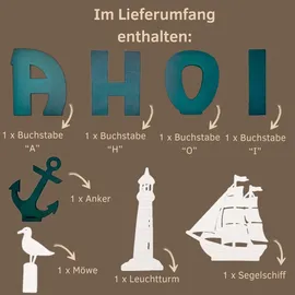 Weigla - Figurenset 8 TLG. original Erzgebirge I Motiv Maritim weiß/blau I Figurenset für Dekosockel I detailreiche Holzkunst I Maritime Deko mit AHOI, Anker, Leuchtturm, Möwe & Segelschiff