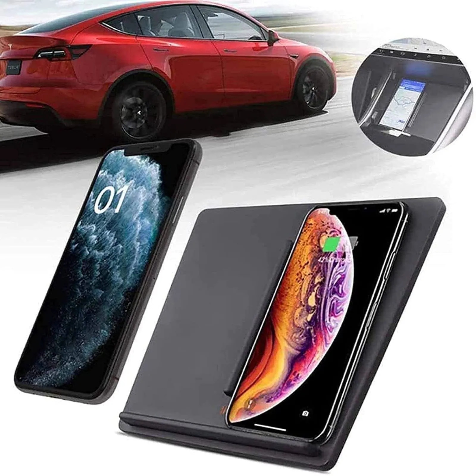 QXIAO Car Wireless Charger for Tesla Model 3 / S/X/Y 2017 2018 2019 2020 Center Console Armrest Phone Wireless Charging Board Mat,Rechargeable with Case,Auto Interior Accessories Mobile Tray