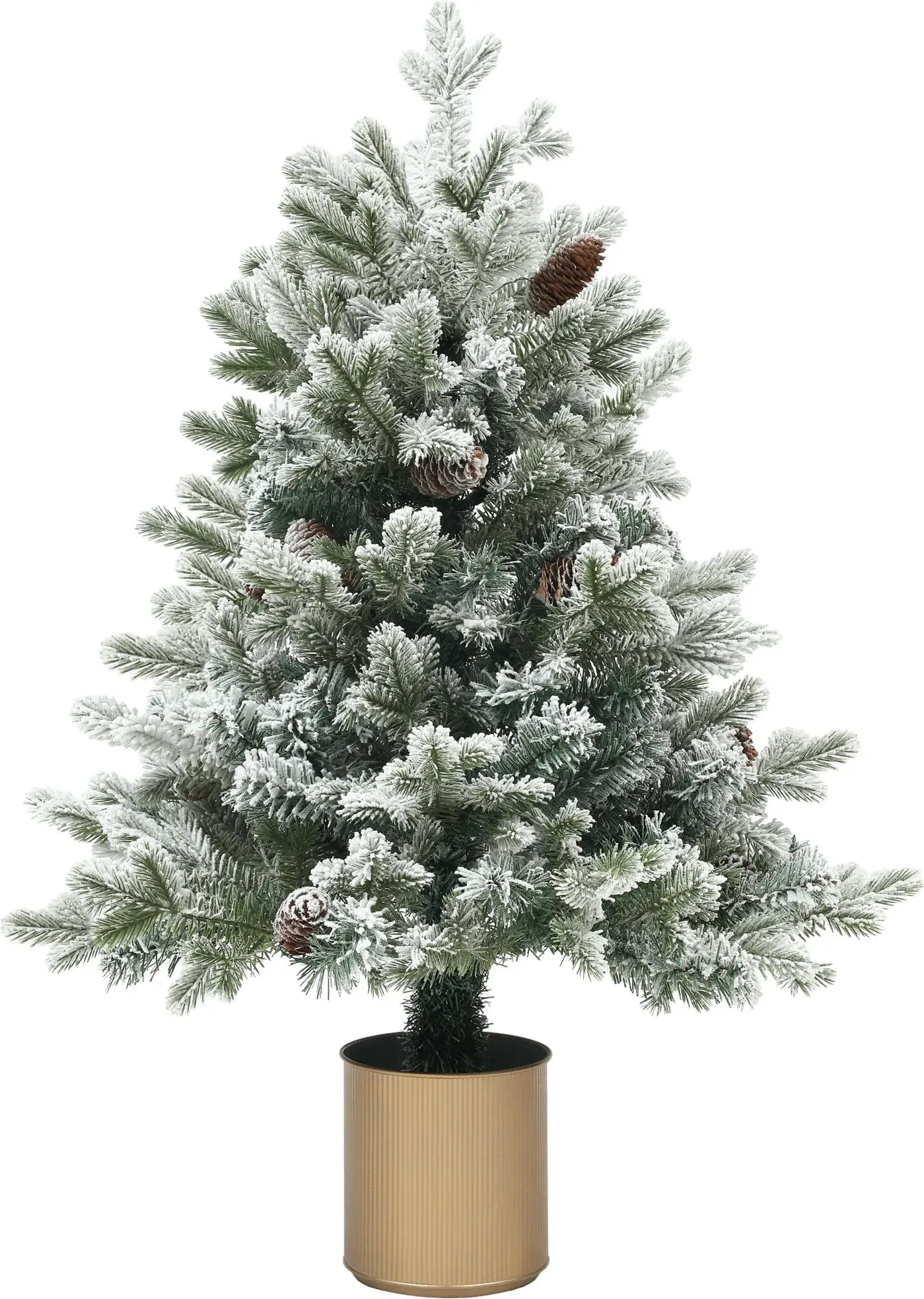 HOMCOM Künstlicher Weihnachtsbaum, 100 cm Christbaum mit 130 Spitzen, Kunstschnee, Blumentöpfe, flammenhemmend, für Weihnachten Deko, Grün+Gold   Aosom