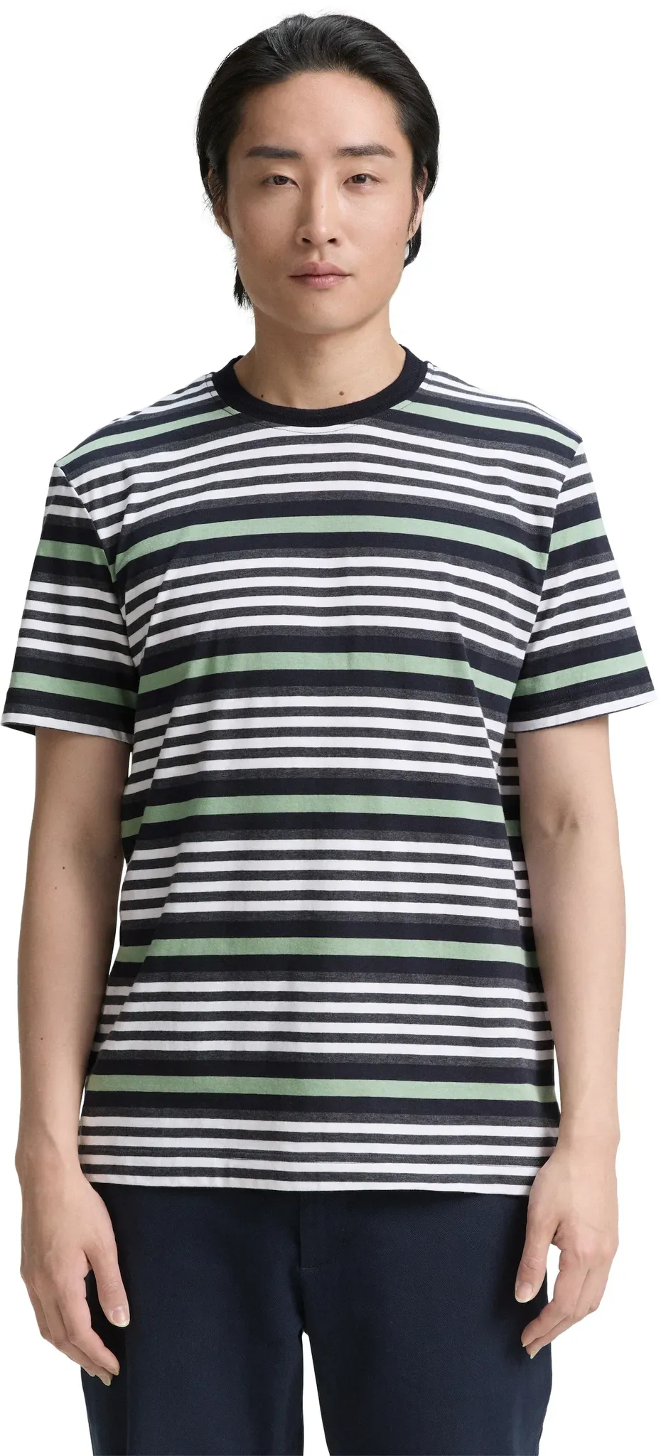 T-Shirt TOM TAILOR, Jungen, Gr. M, bunt (navy multicolor melange stripe), Jersey, Obermaterial: 85% Baumwolle, 15% Polyester, gestreift, normal hüftbedeckend, Rundhals, Shirts T-Shirt, im Streifen-Look