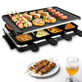 NAIZY 1400W Raclette 8 Personen Edelstahl Grill Elektrisch Grillpfanne Set inkl. 8 Pfännchen, - Holzspachtel, 2 Granitplatten, 2 Antihaftplatten