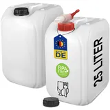 25 Liter Getränke- und Wasserkanister DIN 61 | Lebensmittelecht BPA frei UN-Zugelassen | Haushalt Gastronomie Gewerbe Camping | Robust und Langlebig (2X 25 L + Hahn)