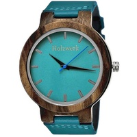 Holzwerk Quarzuhr KAHLA Damen & Herren Leder & Holz Armband Uhr, türkis blau, braun