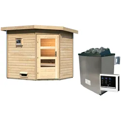 Saunahaus KARIBU "Tore", beige (naturbelassen), Saunaofen, externe Steuerung, 9 kW, Saunen, moderne Tür, Ofen 9 KW externe Strg easy