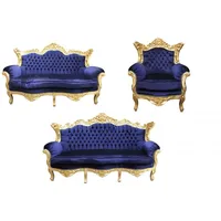 Casa Padrino Barock Wohnzimmer Set Royal Blau /Gold - 3er Sofa+2er Sofa + 1 Sessel