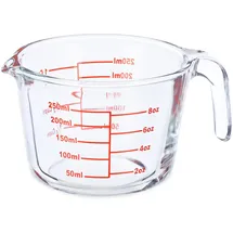 Relaxdays Messbecher Glas, 250 ml, hitzebeständig, mikrowellengeeignet, Skala in Milliliter, oz, Cups, transparent