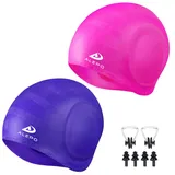 Alepo 2 Pack Unisex Badekappen Damen Herren mit 3D-Ohrenschutz, Schwimmkappe Langlebige Flexible Silikon Bademütze Kinder Erwachsene für Kurze/Lange Haar mit Ohrstöpseln Nasenclip(Violett&Rosenrot)