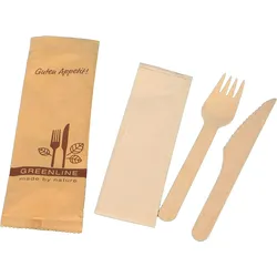 250x Bio Besteckset Holzgabel+Holzmesser+Serviette 33x33cm 2lg natur in Papierhülle