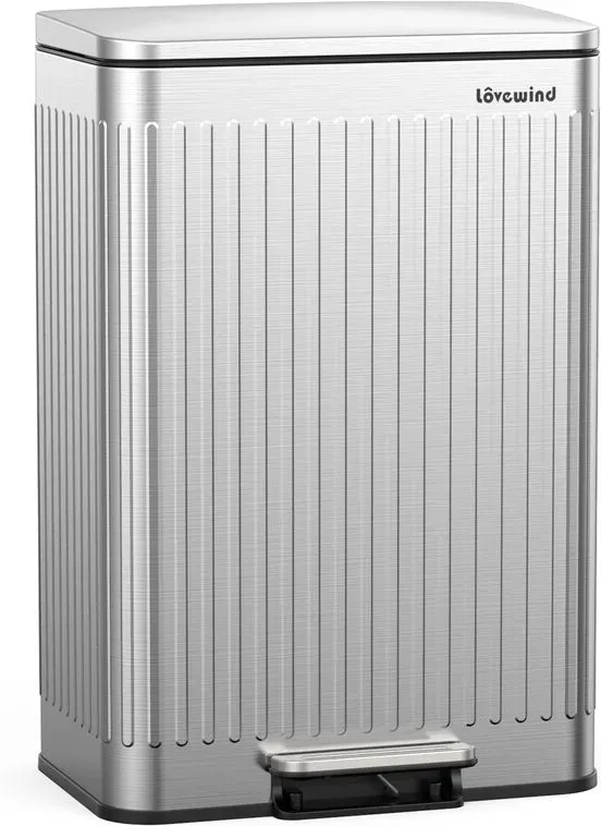 60 Liter / 16 Gallonen Edelstahl-Mülleimer mit Soft-Close-Deckel, großer Treteimer mit römischer Textur, herausnehmbare Inneneimer, Recyclingbehälter für Küche und Büro, Silber