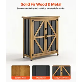 Vevor Gartenschrank Holz, Geräteschrank mit Abschließbaren Türen, Gerätehaus mit Ablage & Boden, Geräteschuppen, Gartengerätehaus, Werkzeugschrank für Terrasse, Garten oder Rasen, 81x33x95 cm