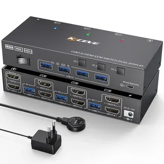 HDMI KVM Switch 3 PC 2 Monitore 4K@60Hz, Camgeet USB 3.0 Dual Monitor KVM Switch Simulation EDID, KVM Umschalter 3 Port für 3 PC Teilen 2 Monitor und 4 USB Geräte, mit DV12V-Netzteil und Wired Remote