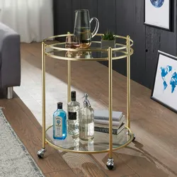 Kadima Design Goldener Servierwagen, mobiler Beistelltisch, Sicherheitsglas, Mehrzwecknutzung. 57x57x75 cm