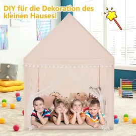 Costway Kinderspielhaus Kinderzelt, Kinderspielzelt für 3-4 Kinder mit Massivholzrahmen & Baumwolldecke 120x105x140cm Beige, Braun - Beige