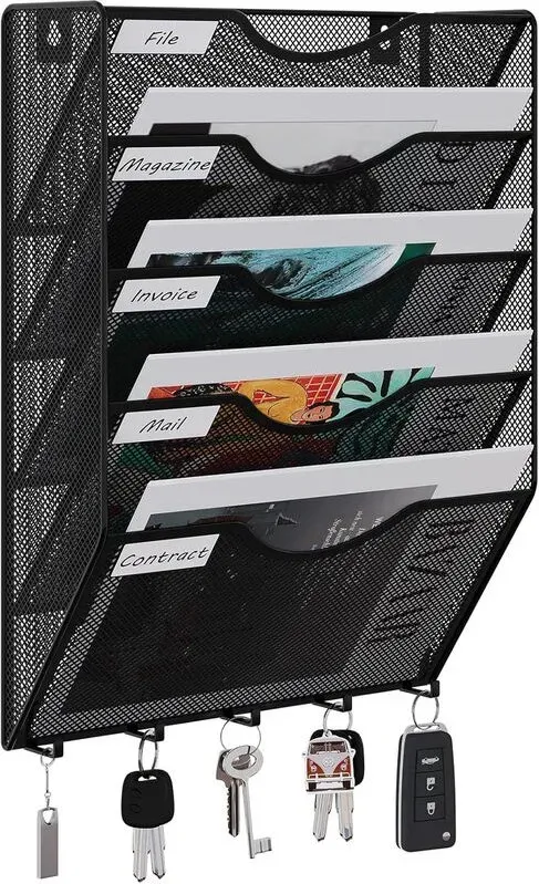 Senhoglb A4-Wandmappe aus Metallgitter mit 5 Fächern und 5 Haken, Schwarz, Neujahr-Angebot, Top-Geschenkideen