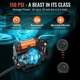 Vevor 12V Auto-Kompressor 150PSI Luftkompressor 3,5CFM(100L/Min) Auto Reifenfüller mit Wärmeschutz Luftpumpe inkl. 3m Netzkabel und 5,5m Luftschl...