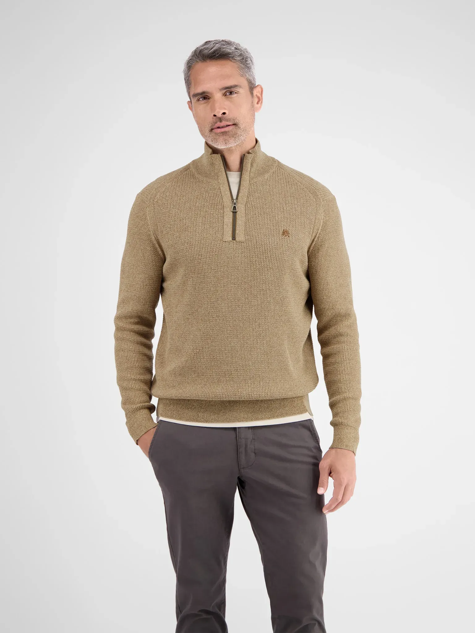Strickpullover LERROS, Herren, Gr. XL, beige (light coffee), Strick, Obermaterial: 100% Baumwolle, unifarben, normal hüftbedeckend, Rundhals, Bündchen, Pullover Strickpullover, mit Troyer-Reißverschluss, Stehkragen