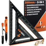 THORVALD Zimmermannswinkel 5-in-1 300 mm Winkelmesser Anschlagwinkel - Inkl. Tieflochmarker - Aluminiumwinkel zum präzisen Anreißen & Zeichnen/Multifunktional Perfekt um Zeit zu sparen