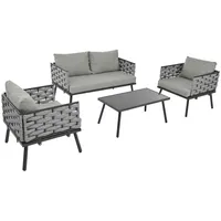 Loywe Gartenlounge-Set Gartenmöbel-Set mit verzinktem Stahlgestell, (Set, 4-tlg., 1 x 2-Sitzer-Sofa, 2 x Einzelstühle, 1 x Tisch), Polyrattan, Tischplatte aus Glas, Fußhocker und Sofa, mit Kissen grau|weiß