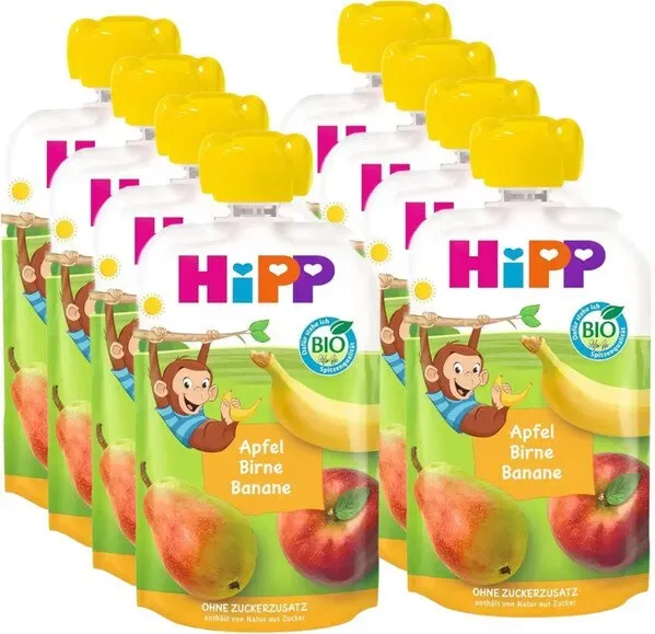 Hipp Fruchtmus Apfel-Birne-Banane - Anton der Affe (ab 1 Jahr), 8 Beutel à 100 g