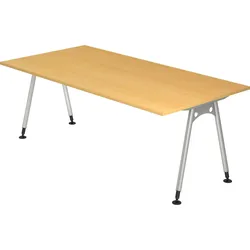 bümö manuell höhenverstellbarer Schreibtisch 200x100 cm in Buche - PC Tisch höhenverstellbar & groß, höhenverstellbarer Tisch Büro, großer