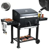 ISOISL Holzkohlegrill BBQ Smoker mit höhenverstellbarer Kohleschale, Grill mit Deckel, Rädern, Edelstahl-Griff, Thermometer, verstellbaren Lüftungsöffnungen, XXL Grill Holzkohle