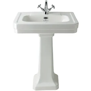 Retro 1-Loch-Standwaschbecken 64cm mit Säule, in Weiß, mit Überlauf – Victrion Hudson Reed