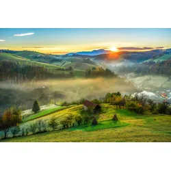 Fototapete PAPERMOON "PANORAMA-LANDSCHAFT DORF WIESE NEBEL GEBIRGE SONNE WALD", bunt, B:3,00m L:2,23m, Vlies, Tapeten