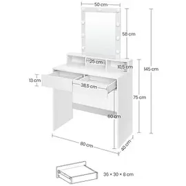 VASAGLE Schminktisch weiß rechteckig, Wangen-Gestell weiß, 80,0 x 40,0 x 145,0 cm