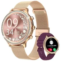 Refttenw Armbanduhr Damen mit Telefonfunktion,1.32in Diamant Fitnessuhr,2 Gurte Smartwatch, IP67 wasserdicht rot