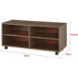 [en.casa] Lowboard mit Rollen 'Gränne' 90x35x41cm mobiles Regal TV-Schrank 4 Ablagen Fernsehregal Fernsehtisch Dunkler Holzton