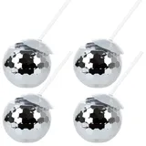 SUREH 4 Stück Discobecher mit Deckel und Strohhalm, 590 ml, silberne Discokugel-Gläser, für Disco, Disco, Bar, Partyzubehör