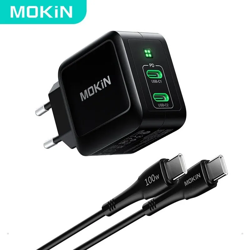Mokin PD67W GaN Dual USB-C Ladegerät (EU), Schwarz, mit 1,2m USB-C-Kabel