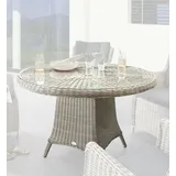 Beauty.Scouts Gartentisch Gartentisch „Honey“ Ø100 cm Polyrattan mit Glasplatte Vintage Weiß, Runder Polyrattan-Tisch (100 cm) in Vintage Weiß mit Glasplatte.