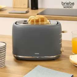 Briebe Nordic Toaster 2 Scheiben Breite Schlitze mit Brötchenaufsatz, 6 Toast Stufen, TA1166GRY, Grau, 870W