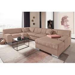 Wohnlandschaft DOMO COLLECTION "Bero, elegant und zeitlos, flache Armlehnen, U-Form", beige, B:328cm H:74cm T:212cm, Feinstruktur (100% Polyester), Luxus-Microfaser (100% Polyester), Zierkissen: Im jeweiligen Bezugsstoff, Struktur fein (100% Polyester), Sofas, fester Sitzkomfort, wahlweise mit Bettfunktion