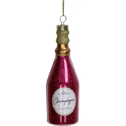 Christbaumschmuck Glas 12,2cm Champagnerflasche Figur Handbemalt & mit Glitzer Weihnachtsbaum Anhänger Weihnachten Weihnachtsbaumschmuck Alkohol Pink