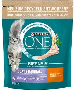 PURINA ONE® Katzen-Trockenfutter Coat & Hairball reich an Huhn und Vollkorn-Getreide 750,0 g