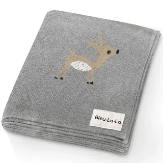 Bleu La La Empfangs Babydecke - 100% Luxuriöse Weichbaumwollstrick Warme Gemütliche Kuscheldecke für Kinderwagen und WiegePuckdecke für Neugeborene Säuglinge und Kleinkinder (Rehkitz - Grau)