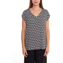 Tamaris Damen Sommer-Bluse Kurzarm-Bluse mit Allover-Print Freizeit-Shirt 97828939 Schwarz/Weiß - 34