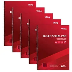 Viking Collegeblock DIN A4 Liniert Spiralbindung Seitlich gebunden Papier Softcover Rot Perforiert 100 Seiten 5 Stück