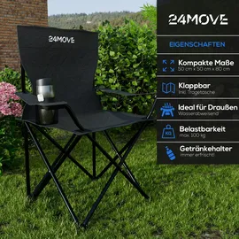 24move 24MOVE® Campingstuhl Faltstuhl, 2er Set, schwarz, mit Getränkehalter und Tragetasche Outdoor, faltbar max. 100kg, Anglerstuhl, Klappstuhl