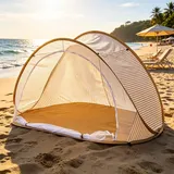 Pop-Up Strandmuschel mit Mückenennetz - 2–3 Personen Strandzelt Faltbar & Tragbar, Automatisches Wurfzelt Sonnenschutz für Strande, Camping, Park & Garten, Creme-Weiß Gestreift, 200x120x110cm